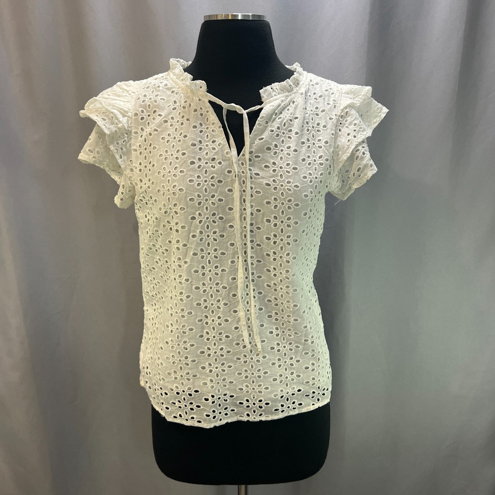 Notations Eyelet Blouse Top Womens Small White Cotton Split Neckline Tie Front